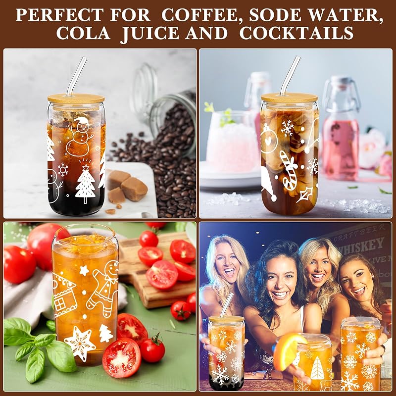 Umigy 8 Pack 16 oz Glass Cups with Lids & Straws - Christmas Themed Tumbler Set