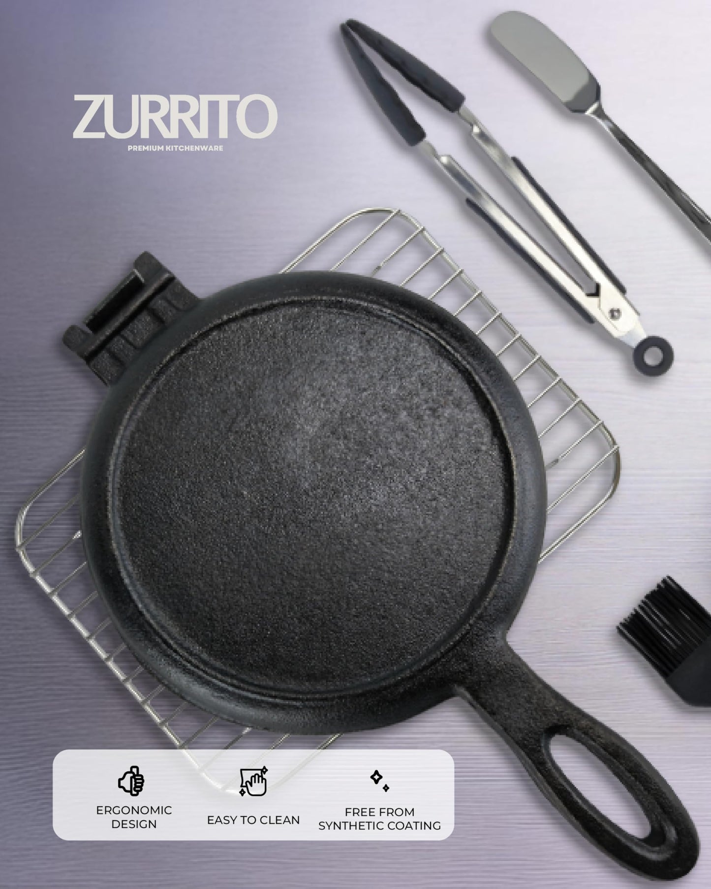 ZURRITO Cast Iron Waffle Maker 7 inch Round Waffles Bundle Set, Stove Top Waffle Maker, Cast Iron Waffle Pan for Camping Grill or Stovetop, Camping Waffle Maker, 4.4 pounds