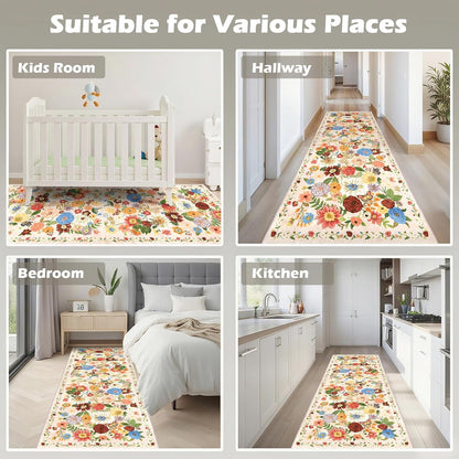 Skiennix Runner Rug - Non-Slip Washable Floral Carpet for Hallways & Kitchens | 2x6 Feet, Beige