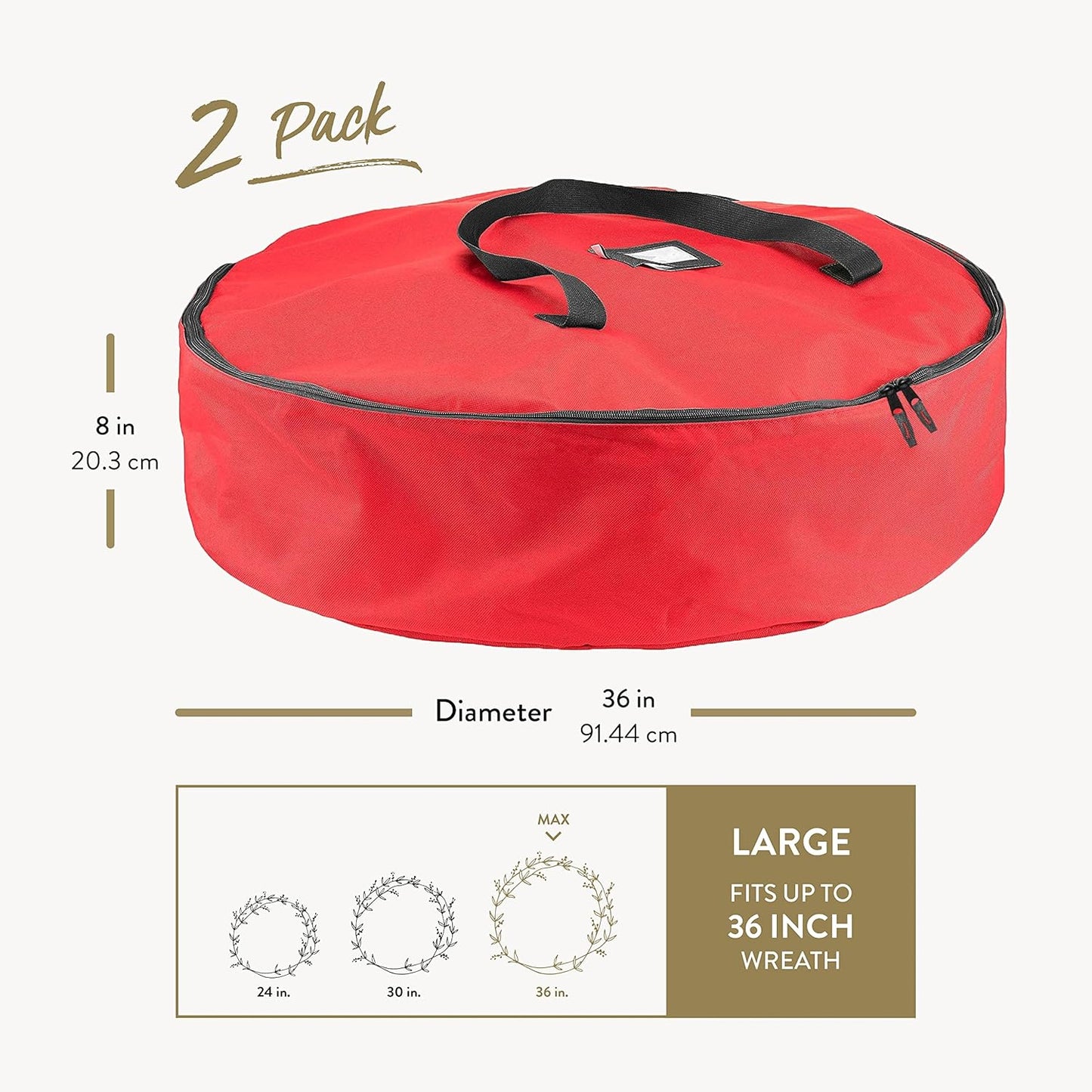 ZOBER Oxford Christmas Wreath Storage Container - 36 Inch Waterproof Bag with Dual Zippers & Durable Handles - Red