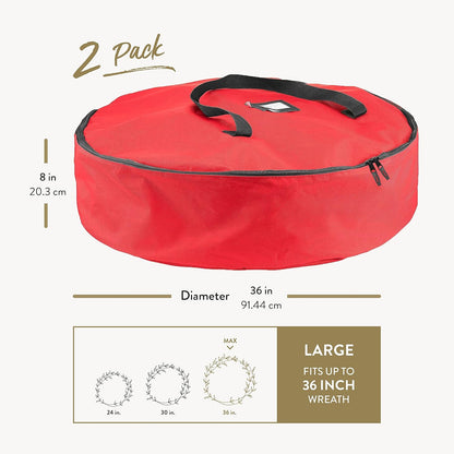 ZOBER Oxford Christmas Wreath Storage Container - 36 Inch Waterproof Bag with Dual Zippers & Durable Handles - Red