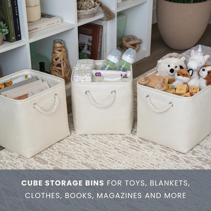 OrganiHaus 12x12 Cube Storage Bins - Foldable Fabric Organizers with Rope Handles | 4-Pack Off-White