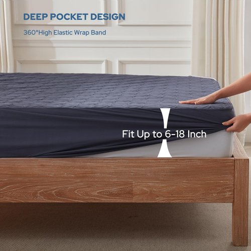 BEDLORE Waterproof Mattress Protector, RV Queen Size Mattress Pad Noiseless with Deep Pocket 6"-18" Depth, Soft Breathable Dirt-Proof Bed Mattress Cover Washable (Navy Blue)