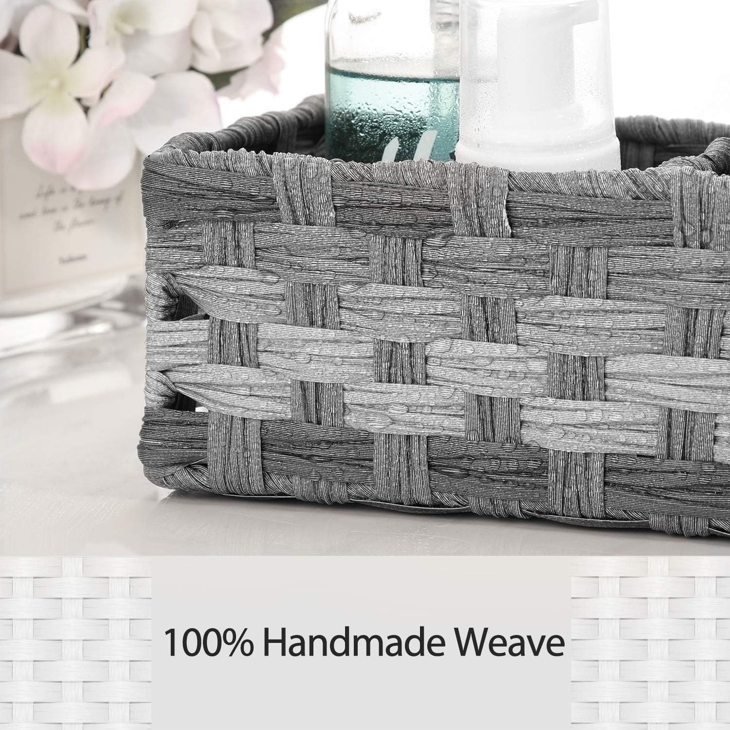 Toilet Tank Topper Paper Basket - Hand Woven Plastic Wicker Organizer with Divider | Rustic Grey Bathroom Decor