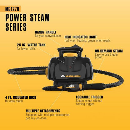 McCulloch MC1270 Portable Power Steam Cleaner - 30-Minute Runtime & 16 Accessories for Home, Tile, Grout, Carpet, & Car Detailing