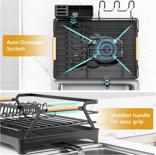 Epicano Dish Drying Rack - Space-Saving Rustproof Drainer with Utensil Holder & Knife Slots | Black