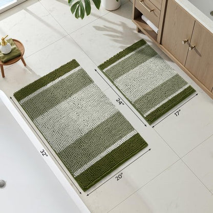 HOMEIDEAS Sage Green Bathroom Rugs, 2 Piece Thick Absorbent Fluffy Striped Chenille Bath Rugs Set, Non Slip, Soft Shaggy Bath Mats for Green Bathroom Decor, 20" x 32" Plus 17" x 24"
