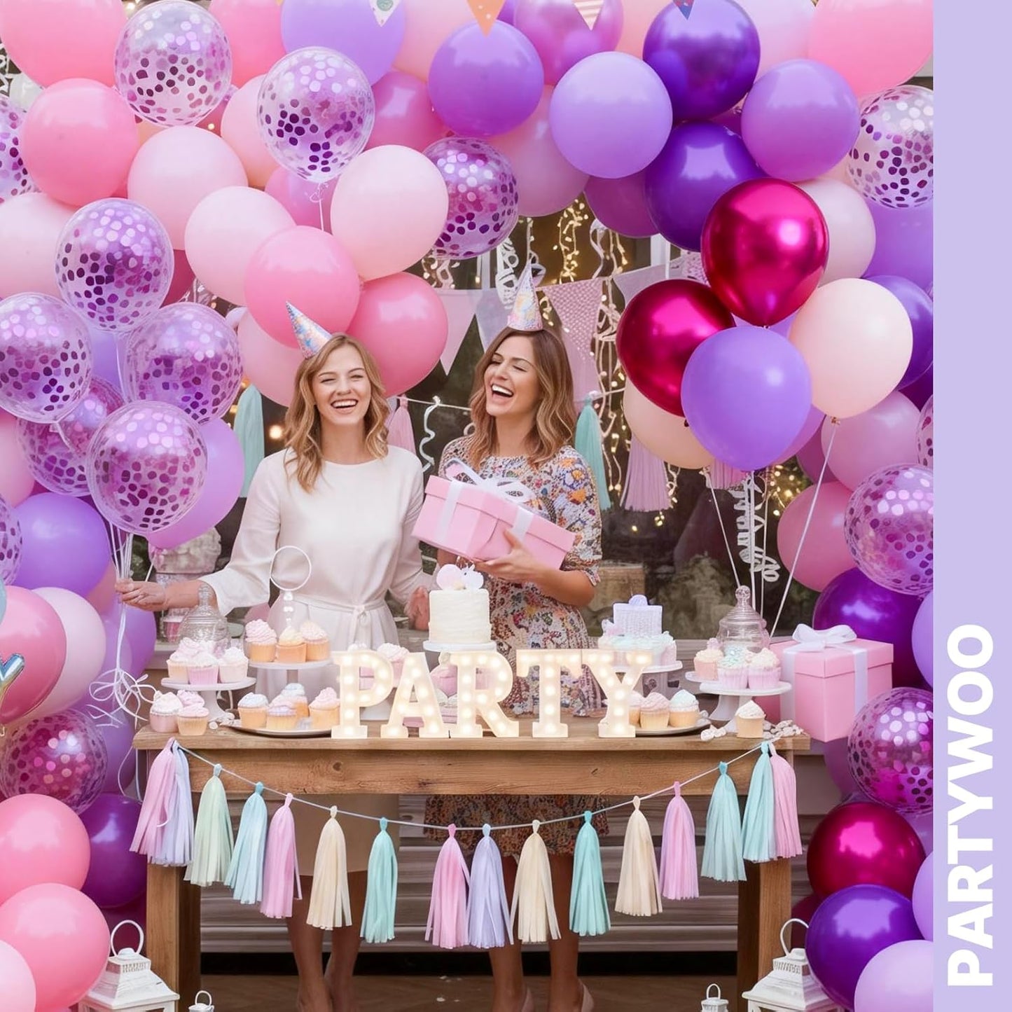 PartyWoo 12-Inch Pink & Purple Balloons - 66pcs Pastel Metallic & Confetti for Baby Shower & Birthday Decor