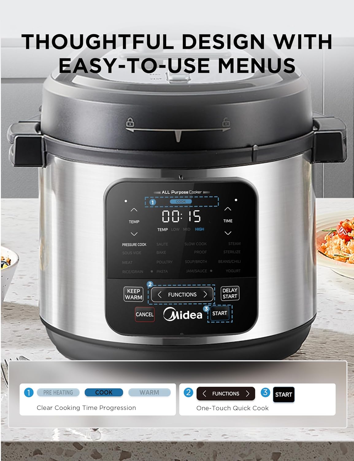 Midea 10-in-1 Electric Pressure Cooker - Versatile Slow Cooker, Steamer & Sous Vide - 6 Quart Stainless Steel Pot