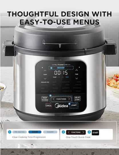 Midea 10-in-1 Electric Pressure Cooker - Versatile Slow Cooker, Steamer & Sous Vide - 6 Quart Stainless Steel Pot