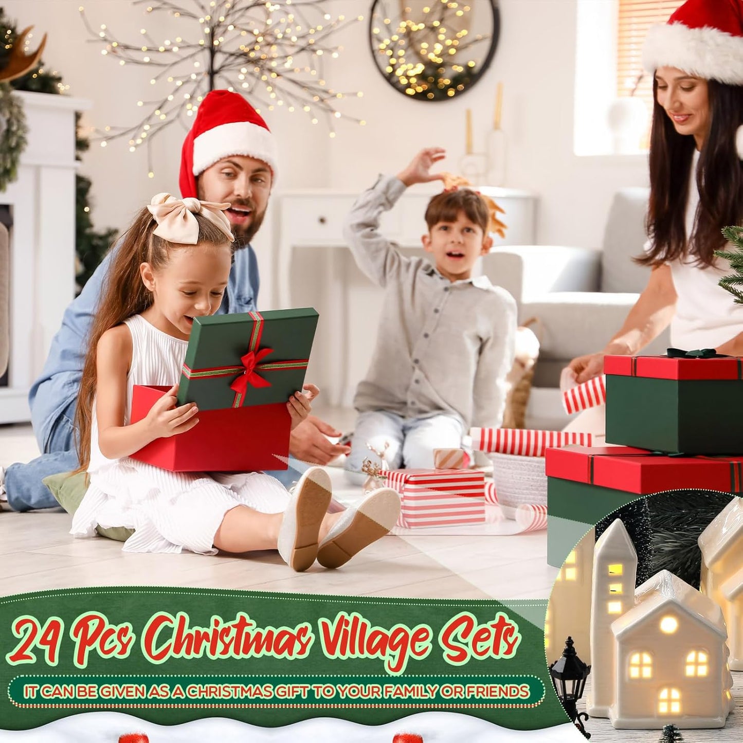 WinnerWhy 24-Piece LED Lighted Christmas Village Set - Mini Ceramic Houses & Streetlights for Festive Decor