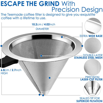 Small Size Pour Over Coffee filter Paperless Pour Over Coffee Dripper Manual Reusable Stainless Steel Coffee Filter, Single Drip Brew, Double Mesh Liner (1~2 Small Cups)