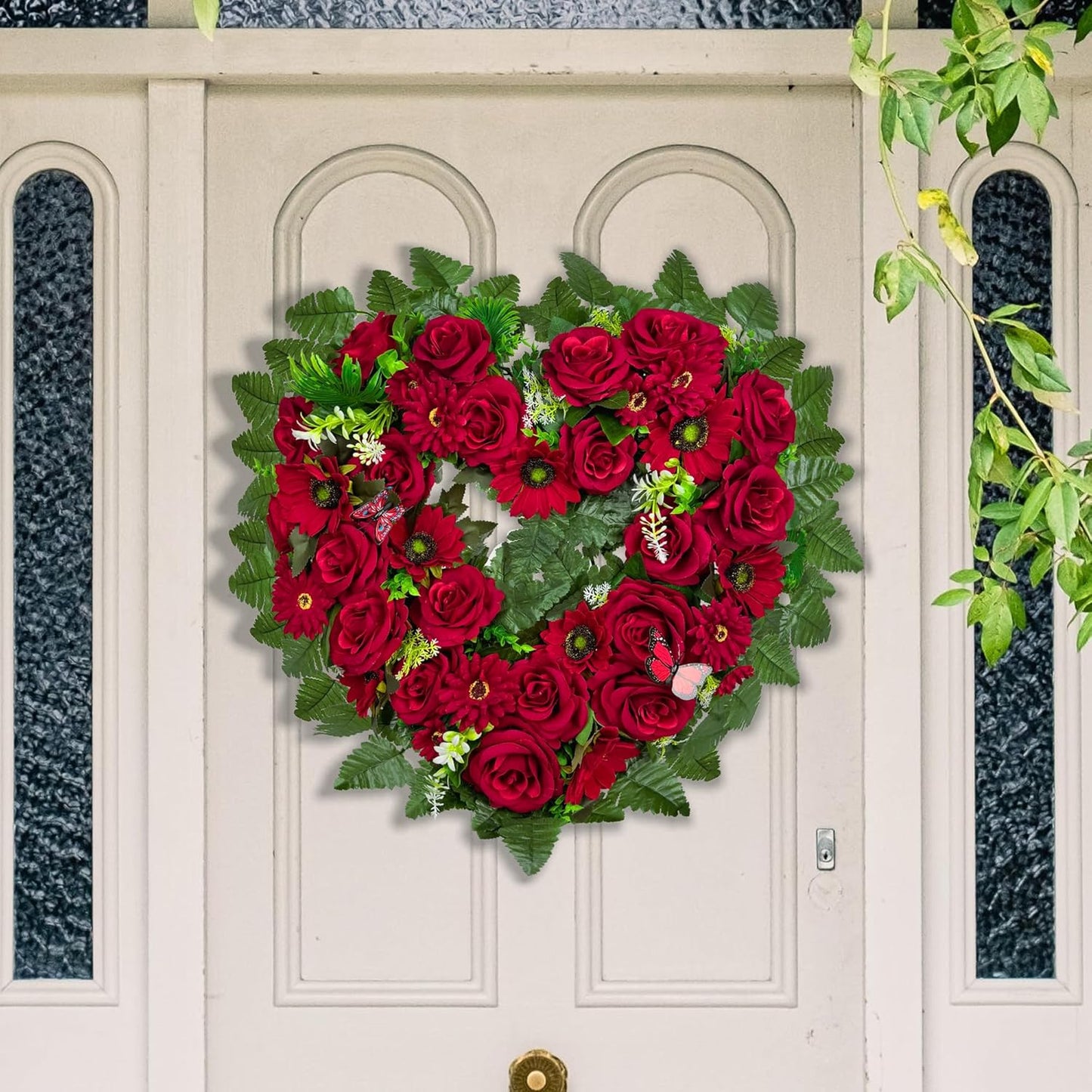 Regine Switzerland Cemetery Wreath - Heart-Shaped Memorial Floral with 30-Inch Easel Stand | Red Rose Design
