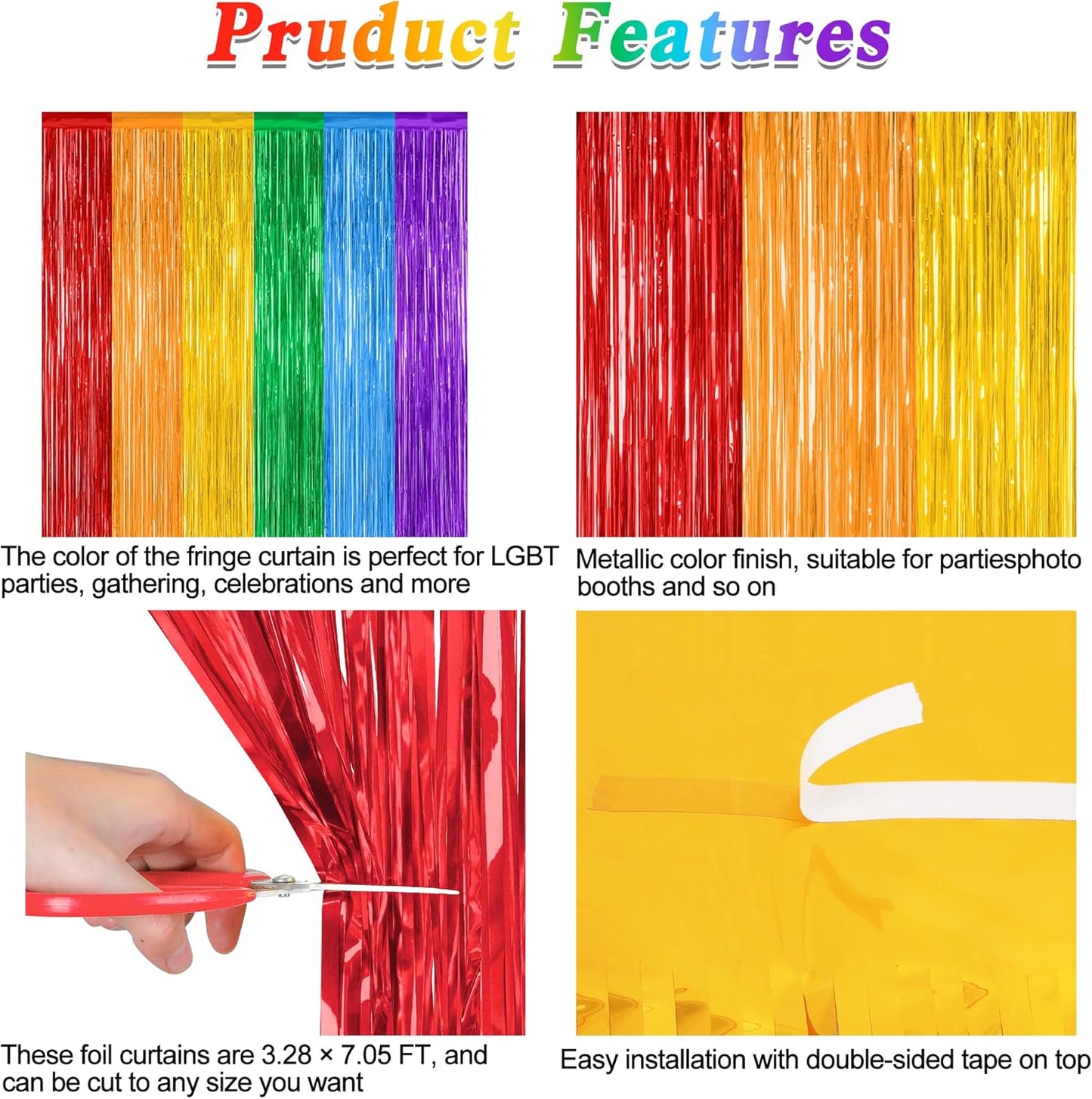 Skiennix Rainbow Backdrop - 12 Pack Metallic Fringe Curtains | 3.28 FT x 7.05 FT Pride Party Decor