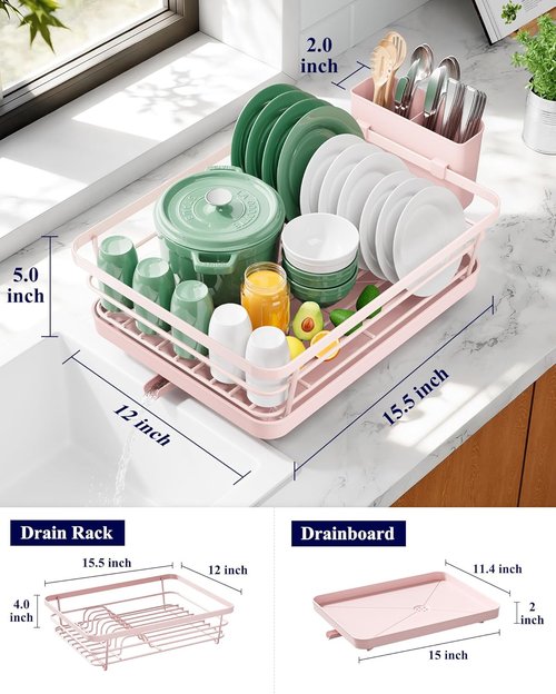 Kitsure Dish Drying Rack - Stainless Steel Kitchen Organizer with Cutlery Holder | 12"W x 15.5"L, Pink