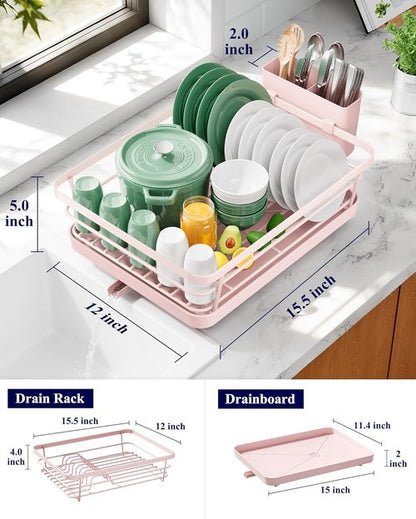 Kitsure Dish Drying Rack - Stainless Steel Kitchen Organizer with Cutlery Holder | 12"W x 15.5"L, Pink