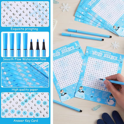 Capoda Winter Word Search Game Set – 41 Pcs, 30 Cards + 10 Pens, for Xmas Party (Variation: Winter)