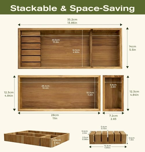 KOCWELL Bamboo Silverware Drawer Organizer - Multi-Use with Knife Block & 3 Removable Bins