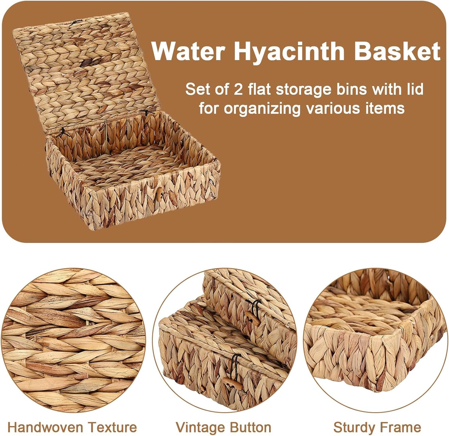 Regine Switzerland Set of 2 Handwoven Water Hyacinth Baskets - Decorative Storage Bins with Lids for Organizing