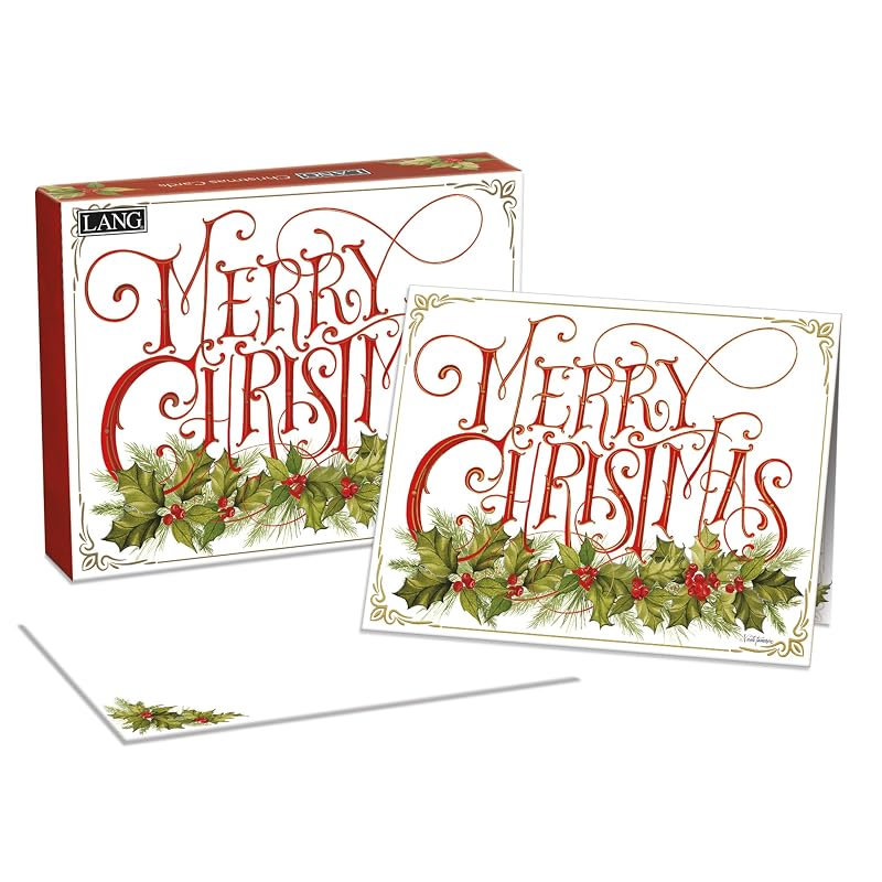 Lang Christmas Holly Boxed Cards with Envelope Set – 18 Linen-Embossed Holiday Greeting Cards