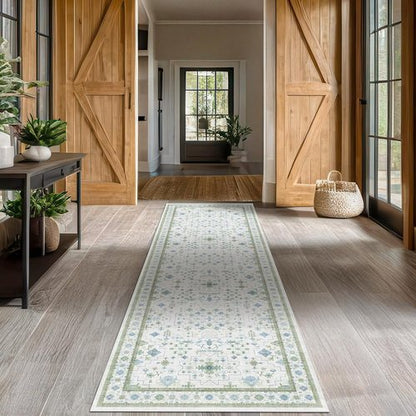 Hazo Haus Oushak Runner Rug - Floral Pastel Boho Design, Washable Low Pile, 2x10 ft - Cream, Blue & Green