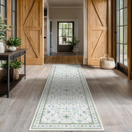 Hazo Haus Oushak 3x12 Wide Hallway Runner Rug - Vintage Turkish Floral, Washable Low Pile Non Slip 12ft Long Runners for Large Kitchen, Hall Way - Light Blue and Green