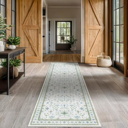 Hazo Haus Oushak Wide Hallway Runner Rug 2'6"x8' - Vintage Turkish Floral, Washable Low Pile Non Slip Extra Long Runners for Kitchen, Hall Way - Cream Blue and Green