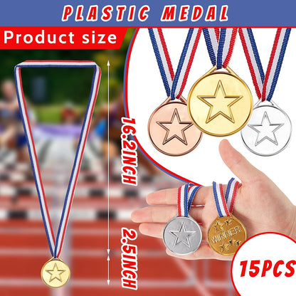 Zomiboo Kids Winner Award Medals Set - 15 Plastic Gold, Silver, Bronze Medals + 3 Inflatable Torches for Medieval Party