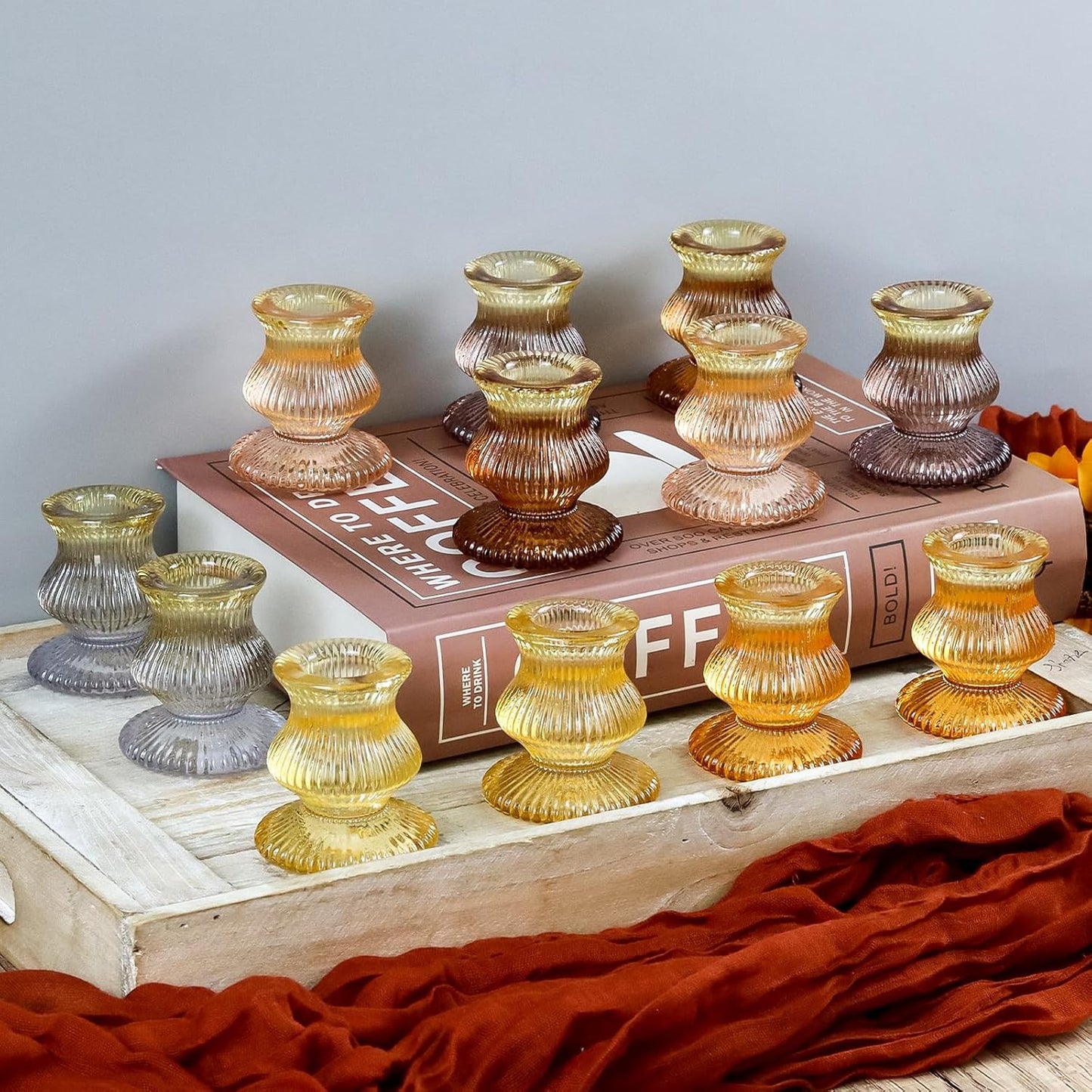 WDHODEC Orange Candlestick Holders - 12PCS Colorful Gradient Glass Taper Holders for Weddings & Parties