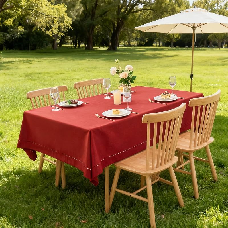 Red Hemstitch Tablecloth – Faux Linen 86" × 60" Rectangle, Handmade Fringe