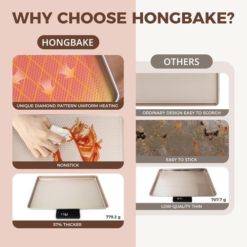 HONGBAKE 9-Piece Nonstick Baking Pans Set - Stackable, Non-Toxic Bakeware with Diamond Texture | Gold Finish