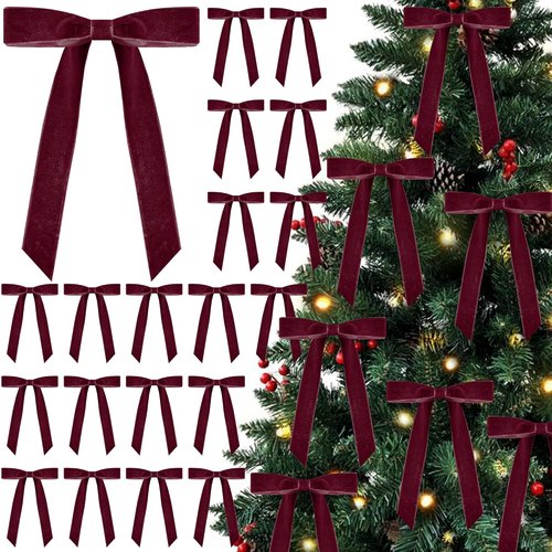 Curvier Velvet Christmas Bows - 25 Pcs Vintage Ornaments for Tree, Door & Gift Decor | Burgundy (5x7 Inch, 1" Wide)
