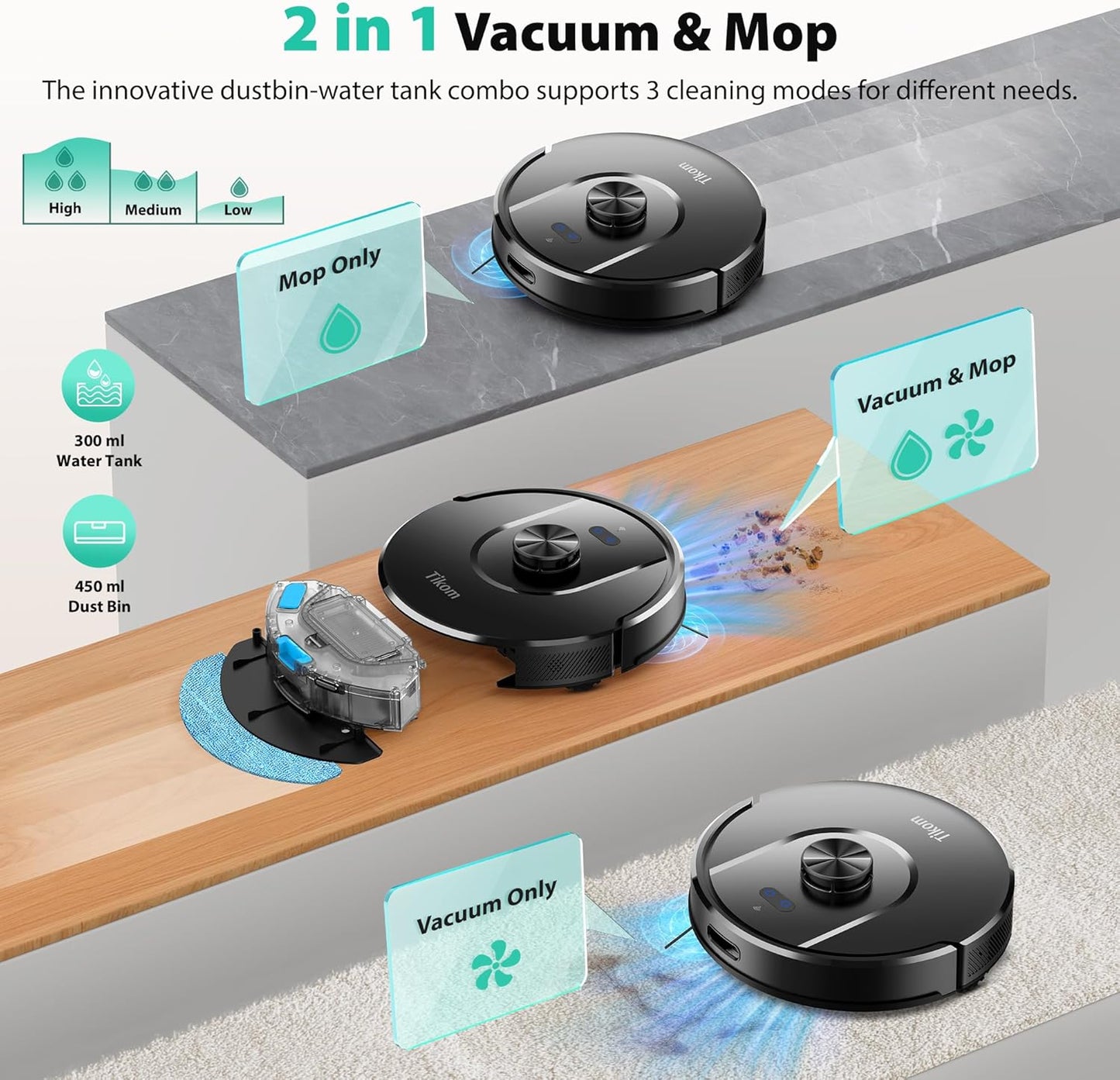 Tikom Robot Vacuum - 6000Pa Robotic Cleaner with Self-Emptying Base & LiDAR Navigation | Ideal for Pet Hair & Hard Floors (L8000 Plus)