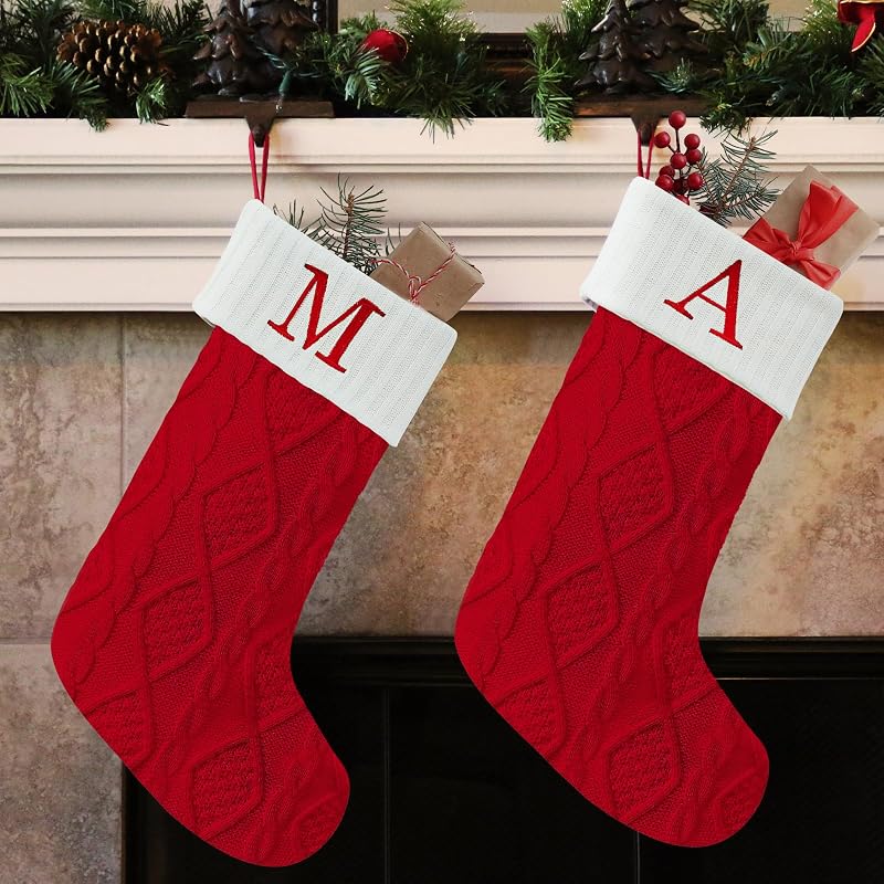 Personalized 20” Christmas Stocking with Initial A - Knitted Embroidered Monogram