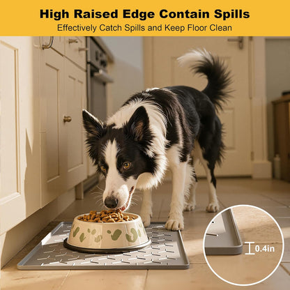 Pieviev Dog & Cat Food Bowl Mat - Waterproof Silicone with High Raised Edge | 24''x16'', Light Gray