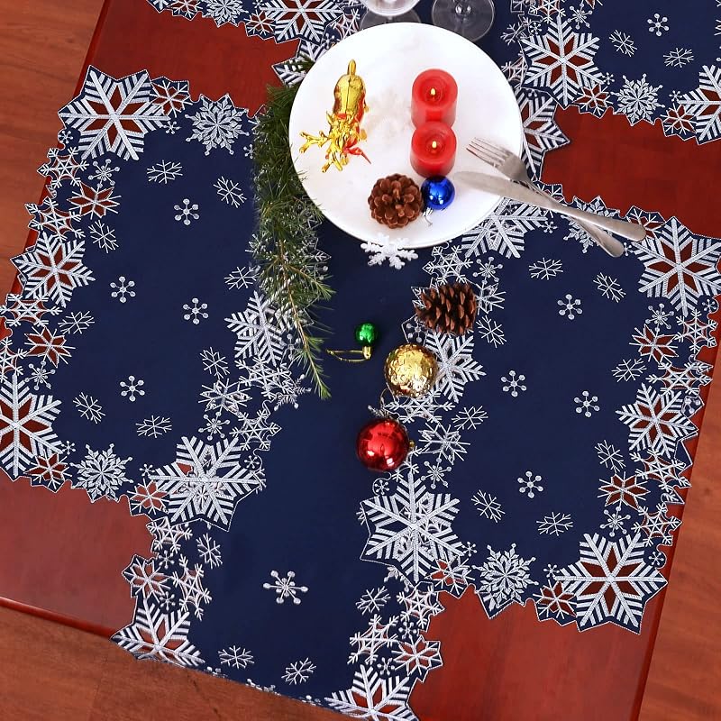 Simhomsen Navy Embroidered Snowflakes Table Runner 14×90 inches – Winter Holiday