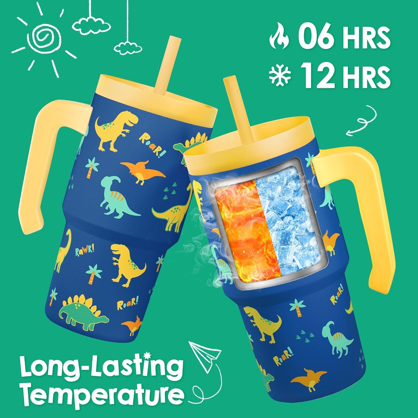 SANDJEST 20oz Dinosaur Tumbler - Insulated Stainless Steel Cup with Handle & Silicone Straw | Perfect Gift for Kids
