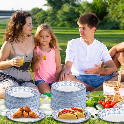 EggSun 10 Inch Blue Floral Paper Plates, 150pcs Large Disposable Plates, Heavy Duty Flower Plate Tableware for Party, Daily Use, Soak Food,Cut Food, Family Gathering, Dinner Time Birthday Wedding