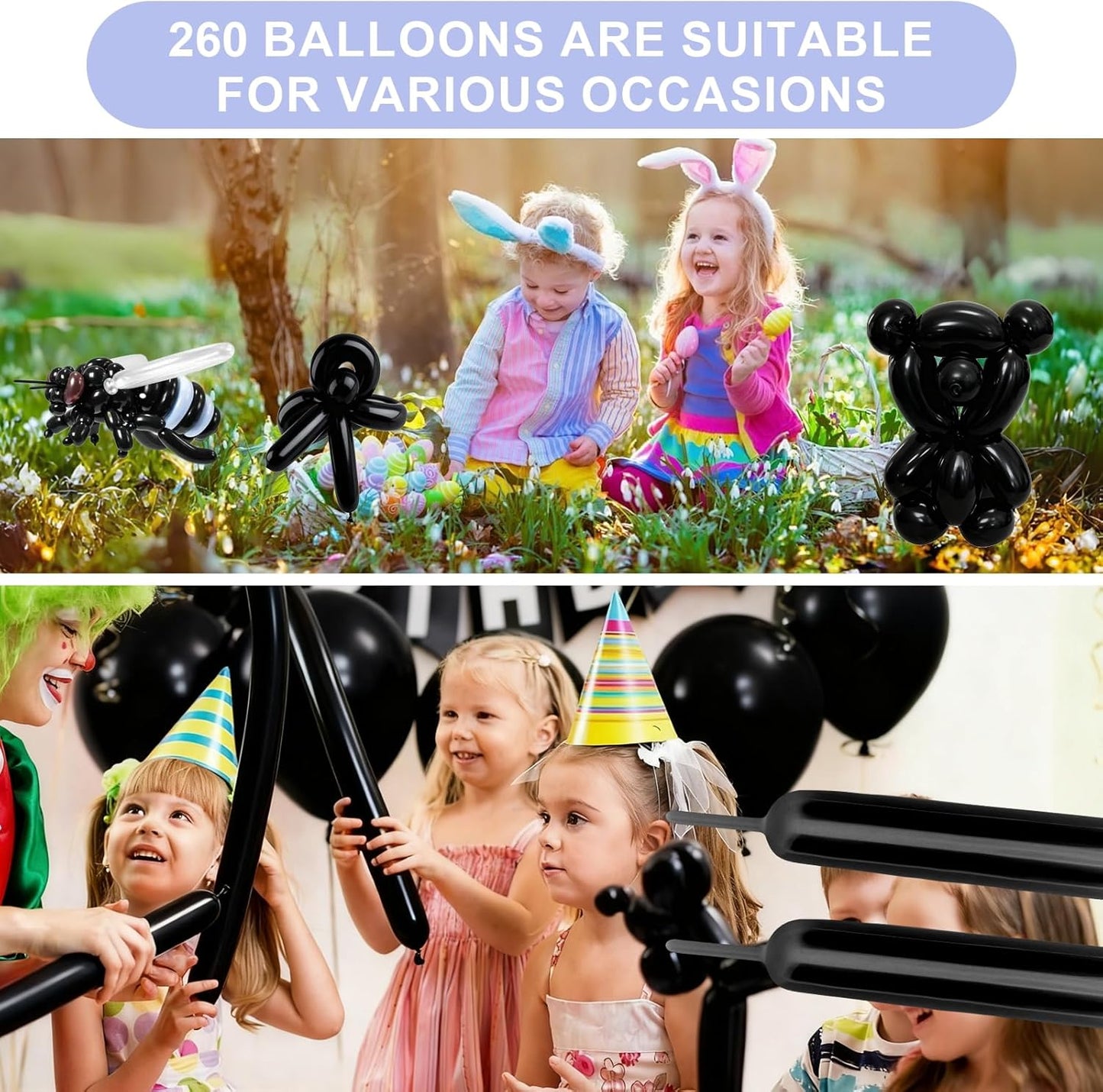 Skiennix 100 PCS Black Balloons - Premium Long Skinny Latex for Twisting & Party Decorations