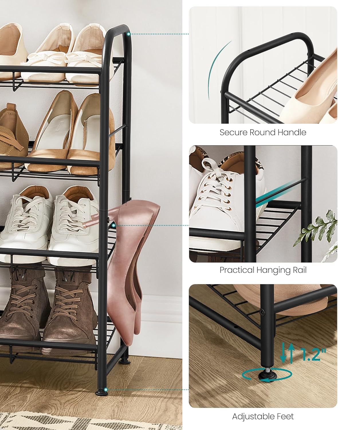 SONGMICS 4-Tier Shoe Rack - Stackable Metal Storage Shelf for 16 Pairs | Adjustable Slanted Design, Black