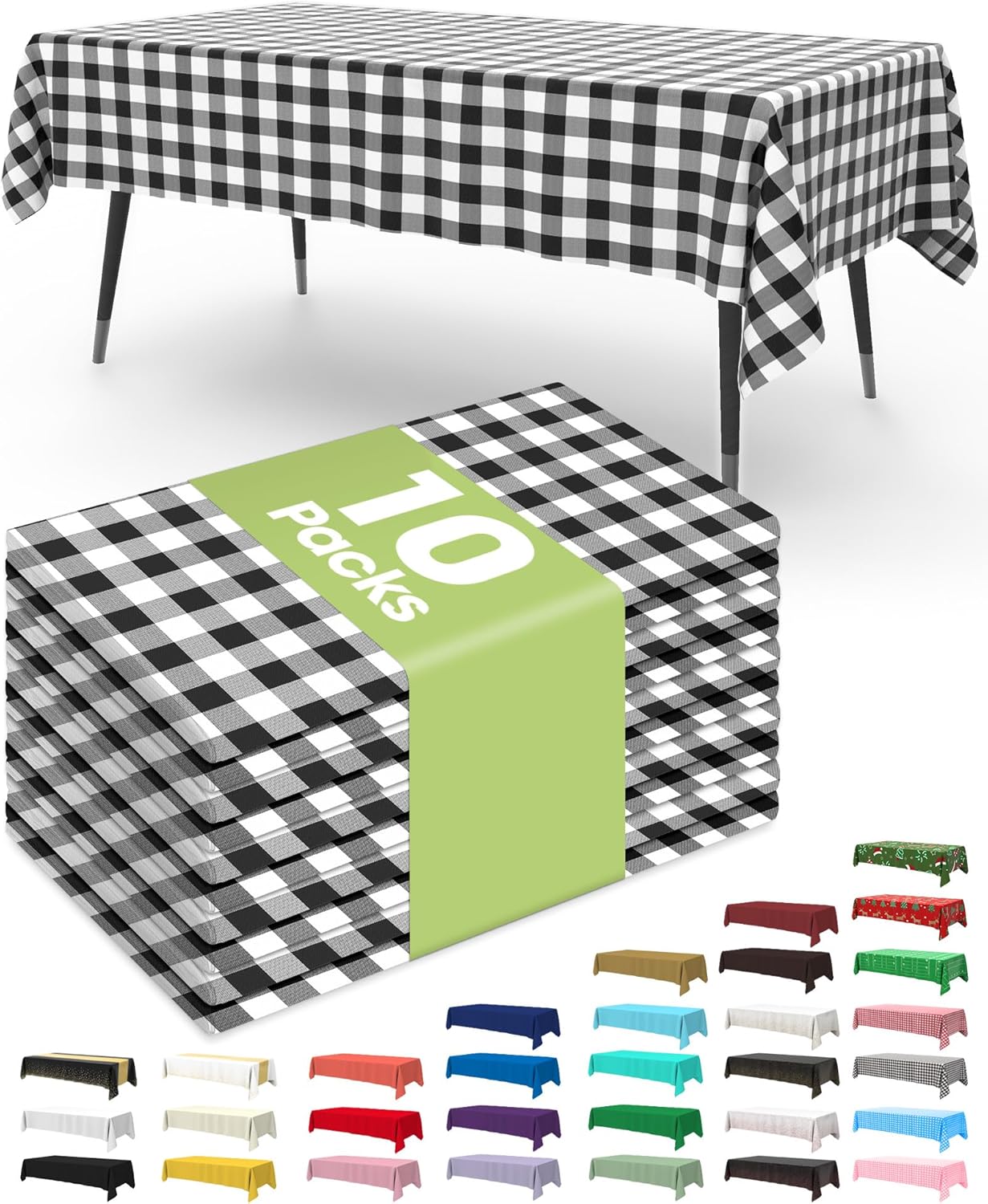 Pureegg Disposable Table Cloths - 10 Pack, 54 x 108 Inch, Leakproof Black & White Gingham Design