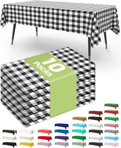 Pureegg Disposable Table Cloths - 10 Pack, 54 x 108 Inch, Leakproof Black & White Gingham Design