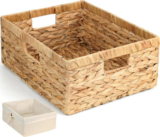 Wicker Shelf Storage Baskets - Natural Water Hyacinth Organizers with Handles & Cotton Liner | Large 15” x 12” x 6”