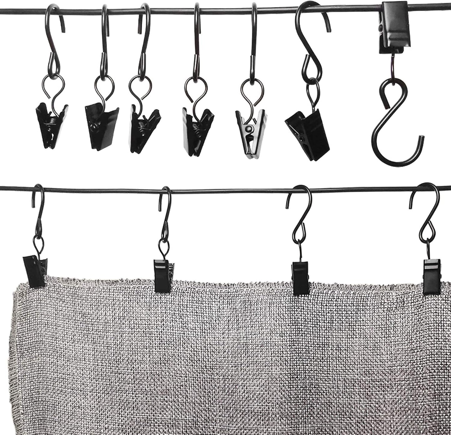 Stainless Steel S Hooks - 50 Pack Curtain Clips for Hanging Lights & Art Displays | 2.4 Inch, Black