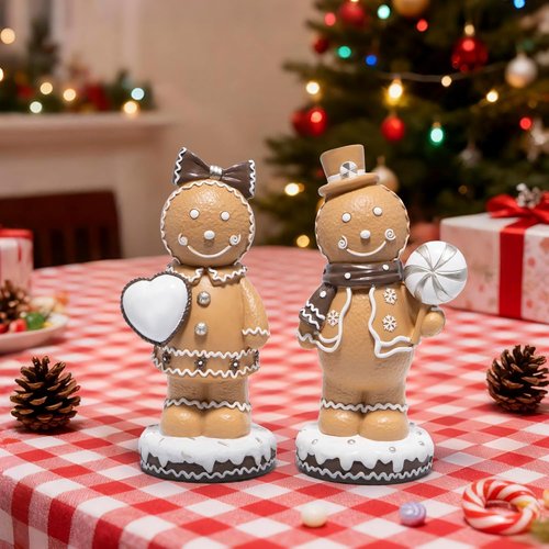 Hodao Gingerbread Couple Figurines Set of 2 - Adorable Resin Christmas Decorations | 7.5" Tall Ornaments