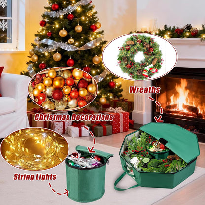 BrilliantJo Wreath Storage Bag - Hard Shell Christmas Decoration Case with Pockets | 24-Inch Green 600D Oxford Fabric