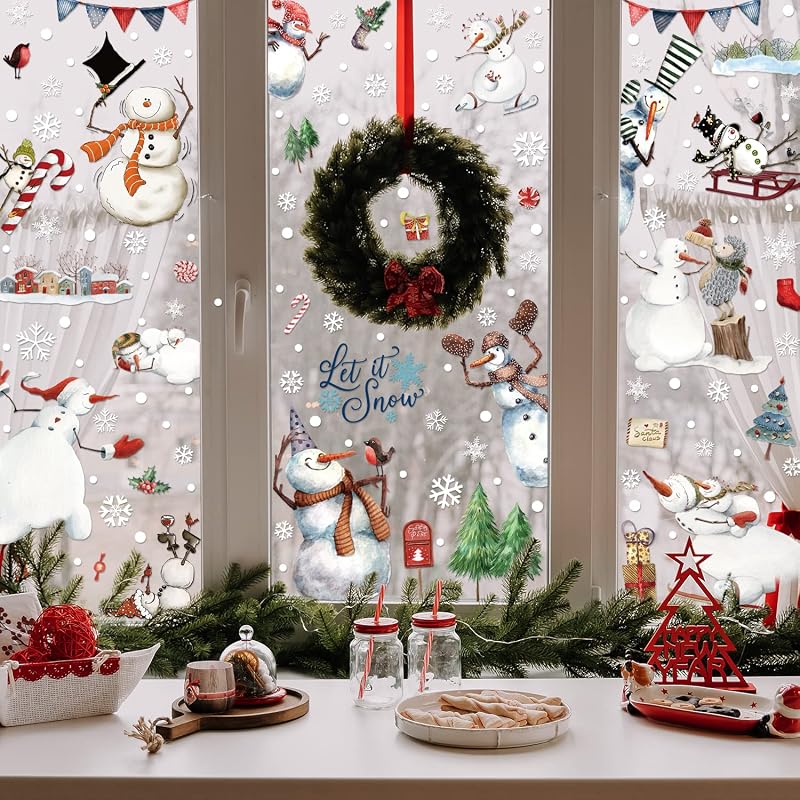 Christmas Window Clings Snowman & Snowflake Sheets – 9 PVC Static Decals 7.8 x 11.8 in