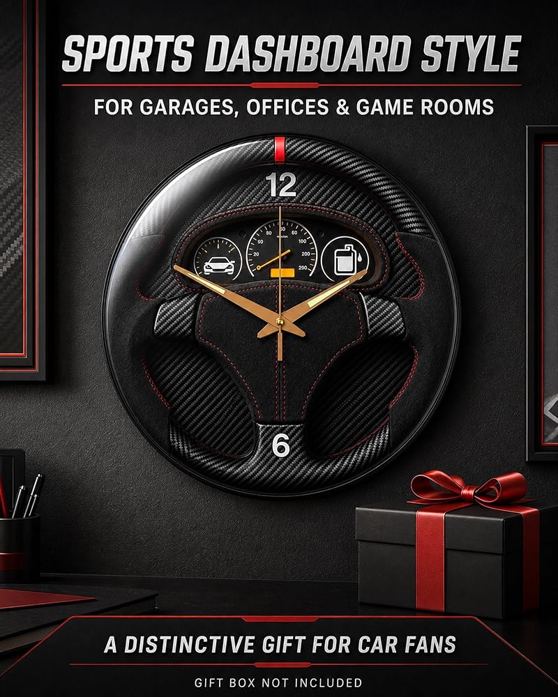 Garage Car Wall Clock - Black Sports Dashboard Style, Luminous Hands, 12 Inch