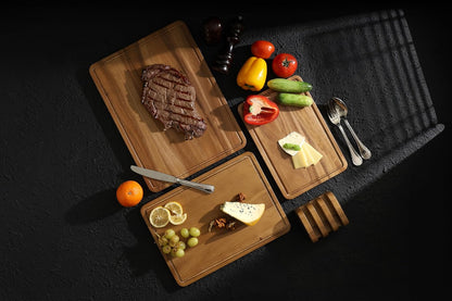Sango Acacia Cutting Board Set - 3-Piece Wood Chopping Boards with Juice Grooves & Hanging Holes | Stackable, Reversible, Non-Toxic