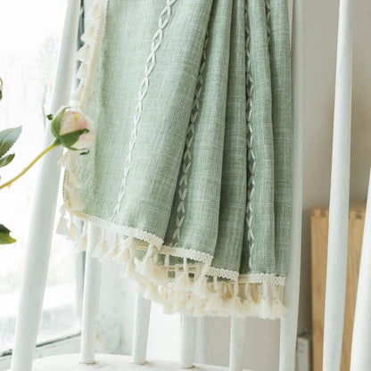 Deeprove Green Boho Curtains 63 Inches Length for Bedroom Kitchen, Cotton Linen Stripes Embroidery Weighted, Bohemian Farmhouse Window Treatment Drape Tassels 1 Panel W52 x L63 Sage